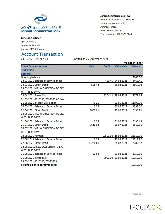 Modèle de relevé bancaire JCB de Jordan Commercial Bank JCB facile à remplir au format de fichier .xls et .pdf